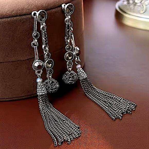 Antique Silver Rhinestone Earring Round Ball Long Fringe Tassel Earrings Boho - Picture 3 of 12